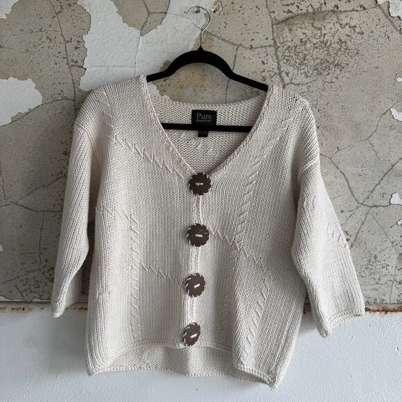 Pure Handknit Sweaters - Handknit Cardigan Womens S/M Ivory Cotton Chunky Knit Sweater Oversized Buttons
